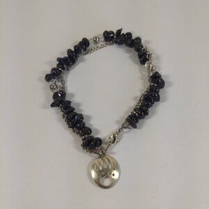 Chip Stone Bead Silver Tone Bear Claw Charm Anklet Marked 925 Nature Animal Boho